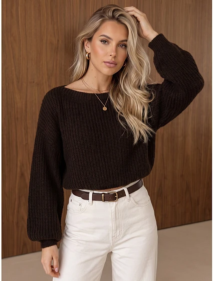 Dámský krátký svetr s nastavitelným pasem, čokoládově hnědý, FashionStreet MY2619 Dámský krátký svetr s nastavitelným pasem, čokoládově hnědý, FashionStreet MY2619