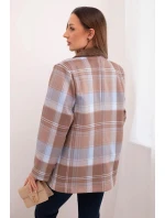 Dámská kostkovaná sako se model 21798609 broží a dlouhým rukávem modrá - K-Fashion