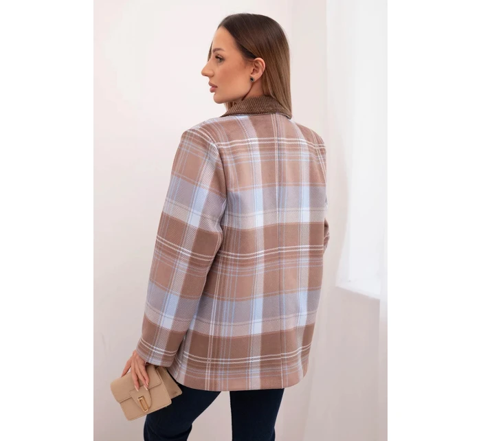 Dámská kostkovaná sako se model 21798609 broží a dlouhým rukávem modrá - K-Fashion