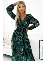 511-1 Plisované šifonové dlouhé šaty s výstřihem, dlouhými rukávy a páskem - GREEN LEAVES