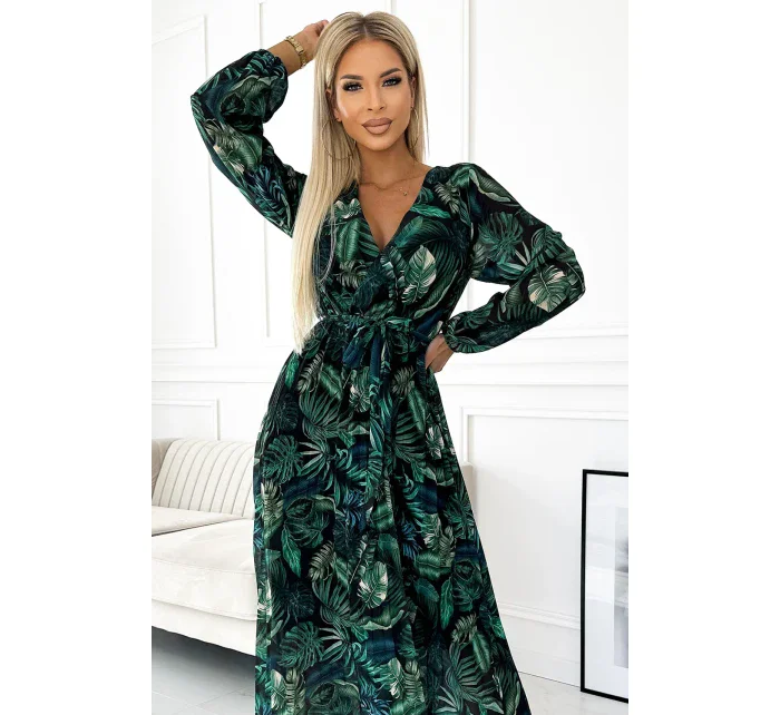 511-1 Plisované šifonové dlouhé šaty s výstřihem, dlouhými rukávy a páskem - GREEN LEAVES