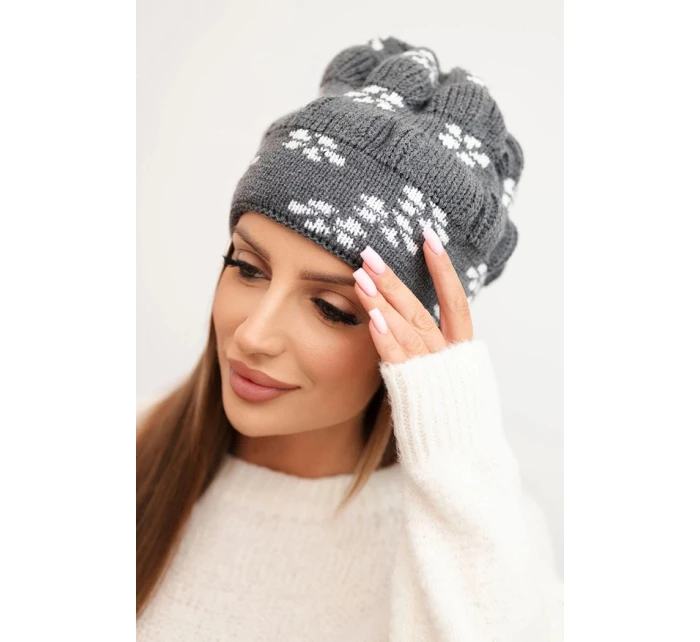 Dámská zimní čepice pletená se vzorem sněhových vloček K463 grafitová