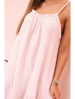 Dámské mušelínové šaty s ramínky a volánem pudrově růžová