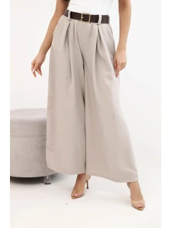 Dámské kalhoty se širokými nohavicemi a páskem tmavě béžové