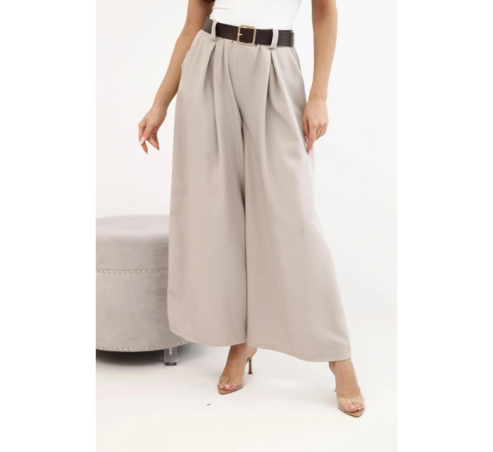 Dámské kalhoty se širokými nohavicemi a páskem tmavě béžové