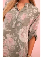 Dámská bavlněná košile s květinovým vzorem a model 21188710 rukávy khaki - K-Fashion