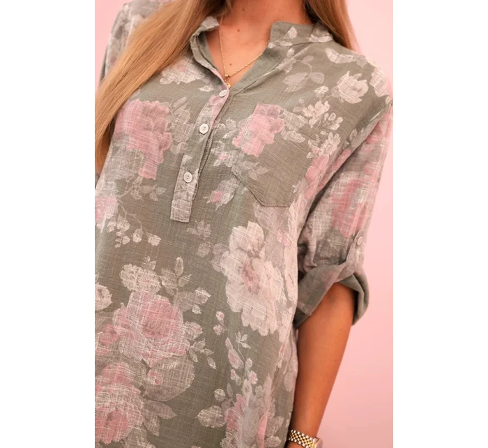 Dámská bavlněná košile s květinovým vzorem a model 21188710 rukávy khaki - K-Fashion