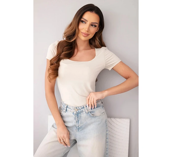 Dámská bambusová halenka s krátkým rukávem a širokým výstřihem basic béžová Dámská bambusová halenka s krátkým rukávem a širokým výstřihem basic béžová