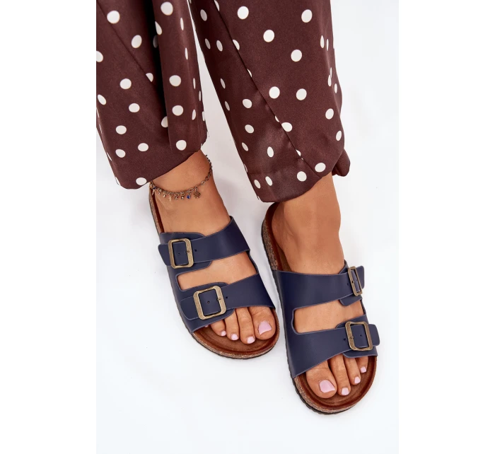 Dámské pantofle na korkové platformě s přezkami – tmavě modré Dámské pantofle na korkové platformě s přezkami – tmavě modré