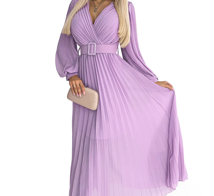 KLARA - Dámské plisované šaty ve vřesové barvě s výstřihem a opaskem 414-6