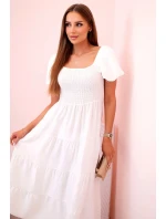 Dámské viskózové šaty s nabíranými rukávy a volánkovým topem ecru