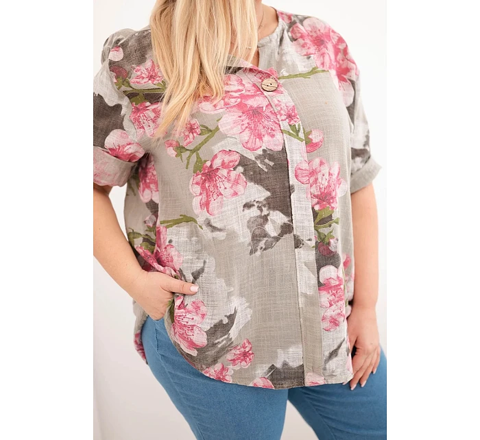 Dámská bavlněná halenka ve velikosti Plus s výstřihem do V v květinovém vzoru fango