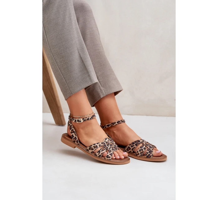 Kožené Dámské Sandály Na Plochém Podpatku Leopardí Zazoo model 21682224 Hnědé - Boto