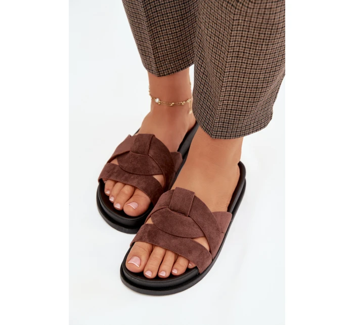 Dámské pantofle Eko semiš s pásky tmavě hnědé model 21918929 - Boto Dámské pantofle Eko semiš s pásky tmavě hnědé model 21918929 - Boto