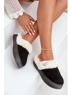 Dámské Pantofle S Kožešinou A Ozdobným Srdcem Černé Otielo