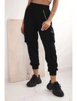 Dámské bavlněné cargo kalhoty s kapsami a řetízkem černé