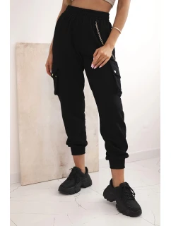 Dámské bavlněné cargo kalhoty s kapsami a řetízkem černé
