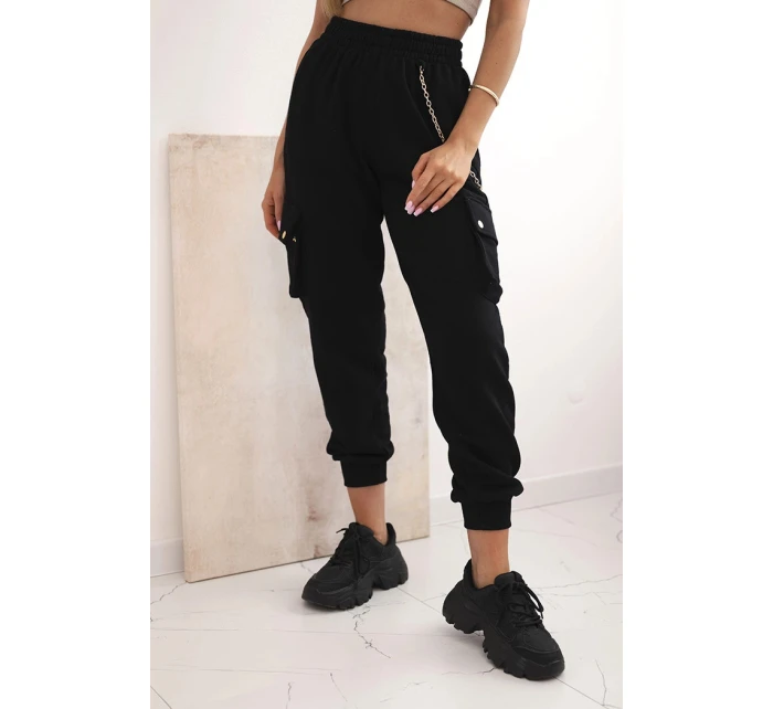 Dámské bavlněné cargo kalhoty s kapsami a řetízkem černé