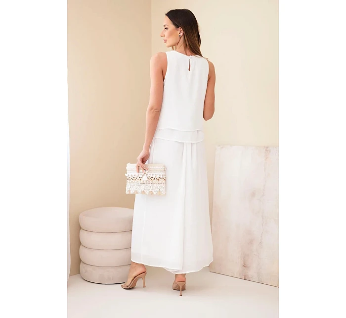 Dámský komplet z viskózy s topem bez rukávů a širokými kalhotami s ozdobným zakončením ecru