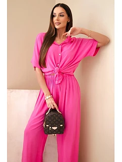 Dámský viskózový model 22185773 komplet se širokými kalhotami růžový - K-Fashion