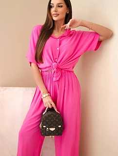 Dámský viskózový model 22185773 komplet se širokými kalhotami růžový - K-Fashion