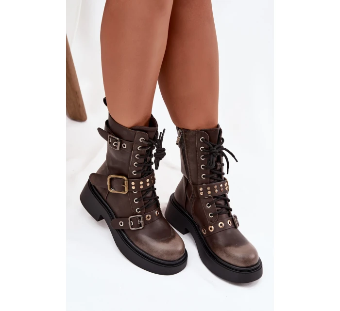 Zateplené workery dámské s přezkami hnědé model 21715308 - Boto Zateplené workery dámské s přezkami hnědé model 21715308 - Boto