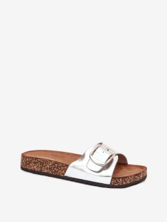 Dámské pantofle na korkové platformě s přezkou – stříbrné Vianara