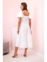 Dámské viskózové šaty s nabíranými rukávy a volánkovým topem ecru