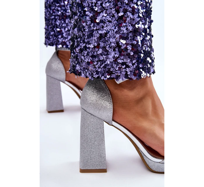 Lesklé Sandály Na Mohutném Podpatku Stříbrné Calmi Lesklé Sandály Na Mohutném Podpatku Stříbrné Calmi