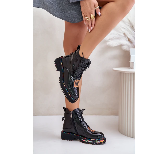 Lakované Botky Traperky Dámské Na Zip Kožené Artiker 55C0517 Černé