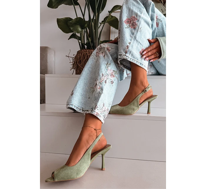Dámské sandály na jehlovém podpatku Eko semiš zelené model 22092022 - Boto