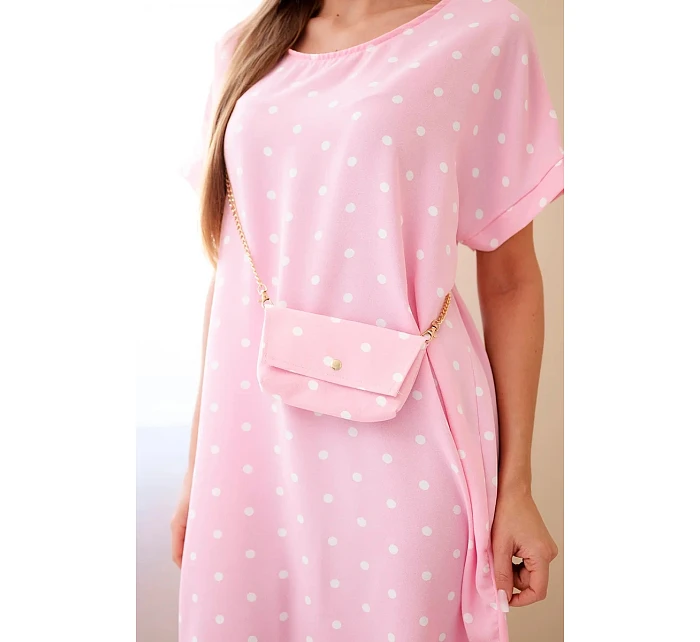 Dámské šaty s puntíky s krátkým rukávem a kabelkou bonbónově růžová Dámské šaty s puntíky s krátkým rukávem a kabelkou bonbónově růžová