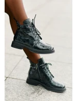 Kožené Lakované Boty Dámské Zateplené Na Zip D&A LZ42-042 Tmavozelené