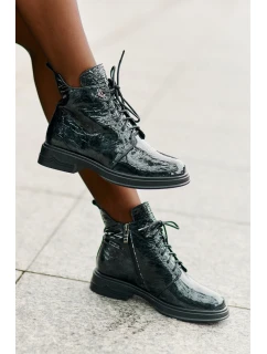 Kožené Lakované Boty Dámské Zateplené Na Zip D&A LZ42-042 Tmavozelené