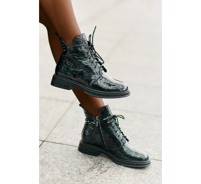 Kožené Lakované Boty Dámské Zateplené Na Zip D&A LZ42-042 Tmavozelené