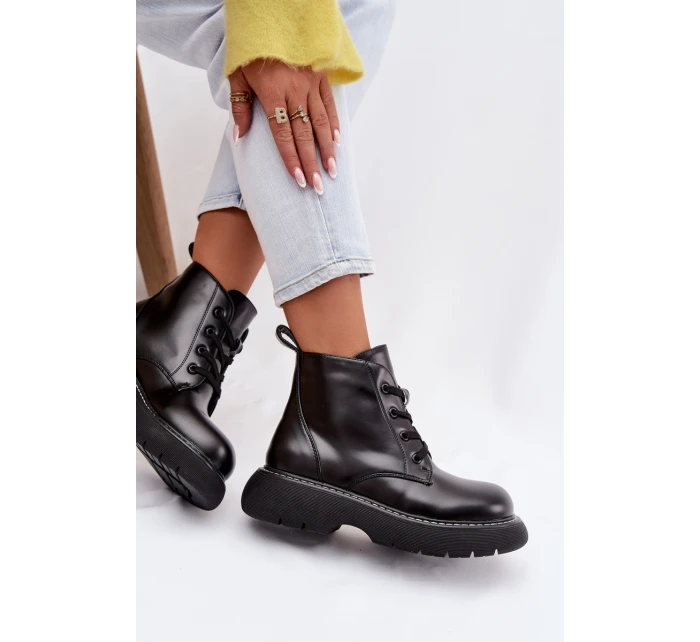 Dámské zateplené kotníkové boty na platformě s šněrováním Černé model 21935154 - Boto