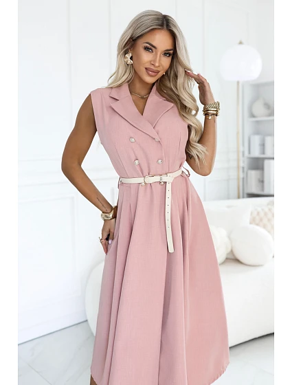 596-6 Elegantní midi košile se zlatými knoflíky a páskem – pudrově růžová