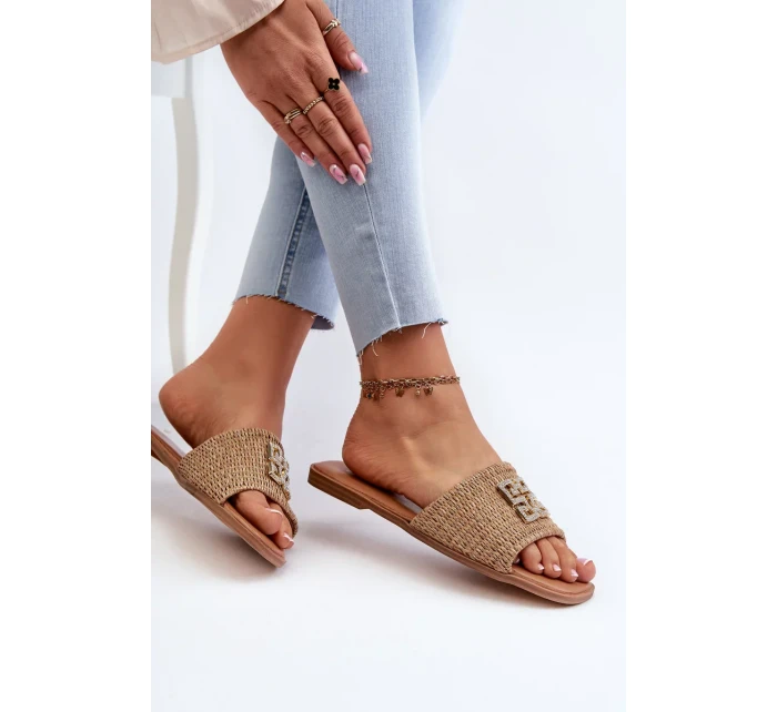 Dámské ploché pantofle s prýmkem a zdobením, Béžová Omenna Dámské ploché pantofle s prýmkem a zdobením, Béžová Omenna