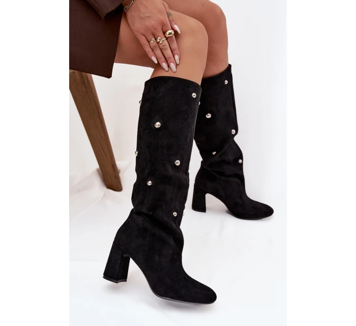 Kozaki Damskie Ocieplane Na Słupku Z Ozdobnymi Detalami Czarne Lucinda