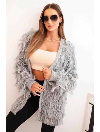 Dámský cardigan s třásněmi a volným střihem šedý