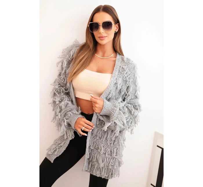 Dámský cardigan s třásněmi a volným střihem šedý