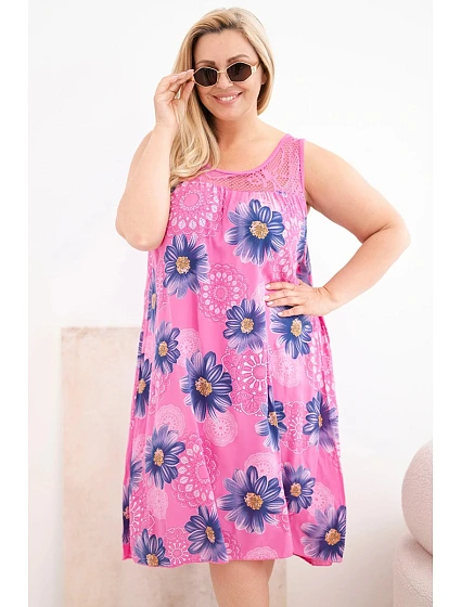 Dámské šaty Plus Size z viskózy s květinami s krajkovým výstřihem růžová