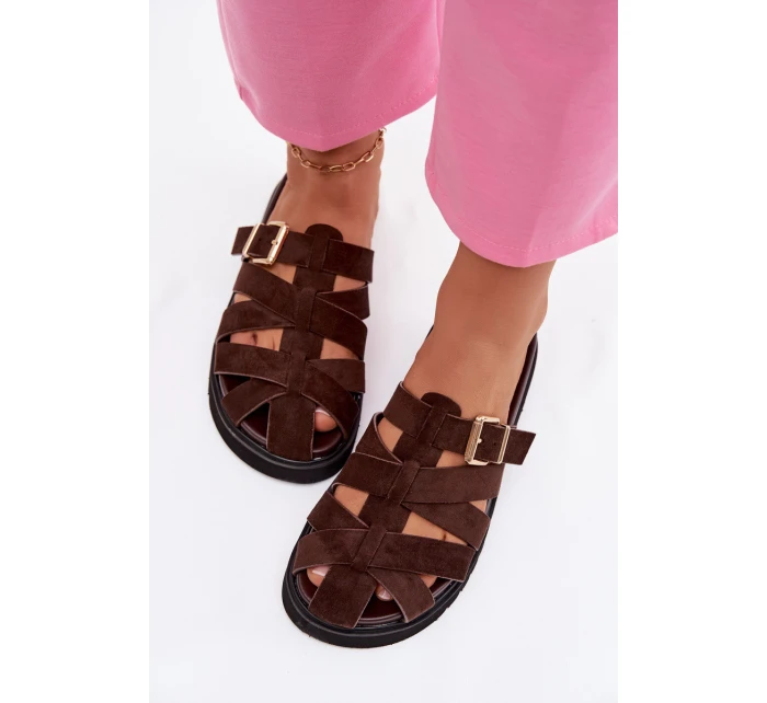 Dámské pantofle s pásky a zlatým přezkou Čokoládové Roselisse