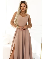640-4 LORETTA jedinečné dlouhé šaty s tylovými rukávy a výstřihem - béžové 640-4 LORETTA jedinečné dlouhé šaty s tylovými rukávy a výstřihem - béžové