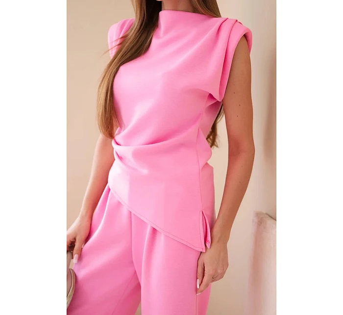 Komplet asymetrická halenka + kalhoty světle růžová