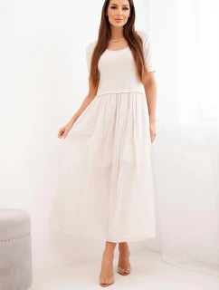 Dámské bavlněné midi šaty s krátkým rukávem a rozšířeným spodkem béžová
