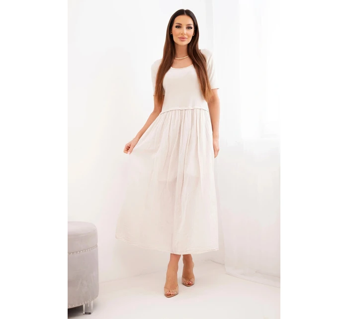Dámské bavlněné midi šaty s krátkým rukávem a rozšířeným spodkem béžová