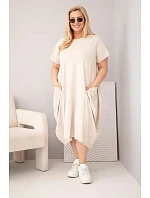 Dámské šaty Plus Size z bavlny s kapsami béžové Dámské šaty Plus Size z bavlny s kapsami béžové