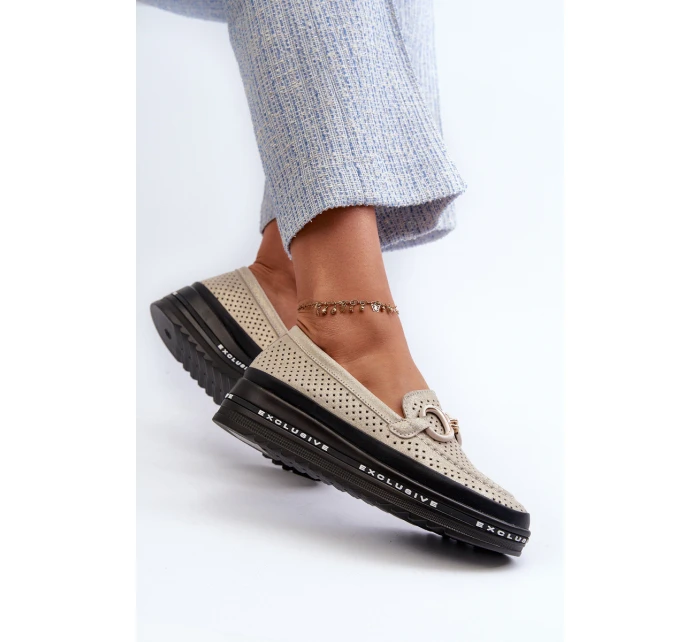 Lesklé kožené dámské mokasíny na platformě s ozdobou S.Barski LR750 zlaté