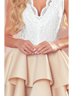 ZLATA - Béžové dámské dvoubarevné šaty s krajkovým výstřihem a pěnou 368-2